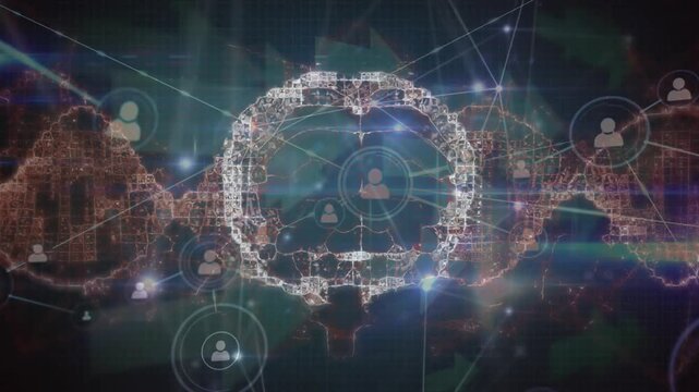 Animation of network of profile icons over spinning human brain against blue background