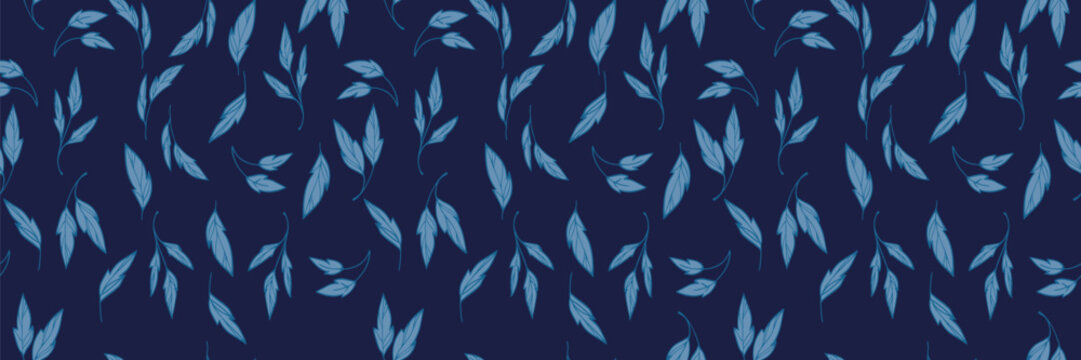 Seamless vector pattern with elegant hand drawn blue leaves on a dark navy background. Minimal botanical design for fabric, wallpaper, stationery, and branding