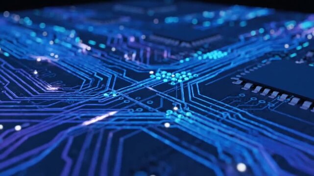 This macro design of a blue electronic circuit board features a digital motherboard pattern with a CPU chip and hardware components for advanced computer data processing and network technology