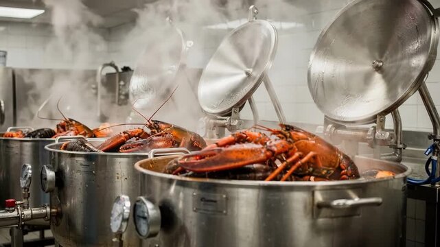 Medium shot of big steam kettles filled with live lobsters being cooked in a regulated batch process capturing vibrant colors and kitchen steam ambiance.