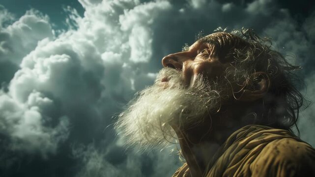 An old visionary man or prophet with a beard, looking up, with a stormy sky in the background