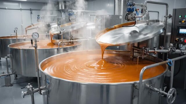 Medium shot of heated kettles blending sugar into syrup with rising steam capturing industrial equipment and process control in a clean manufacturing environment.