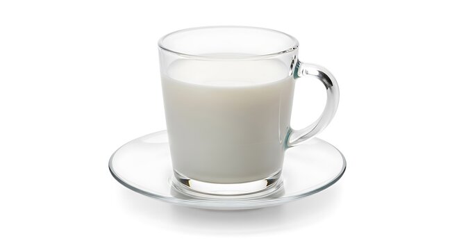 A glass cup of milk on a saucer isolated on white background
