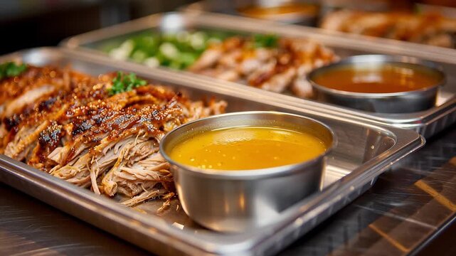 Delightful tray of tender pulled pork served with rich juices and fresh green sides. Perfect for gatherings, this dish promises to satisfy every meat lover's cravings.