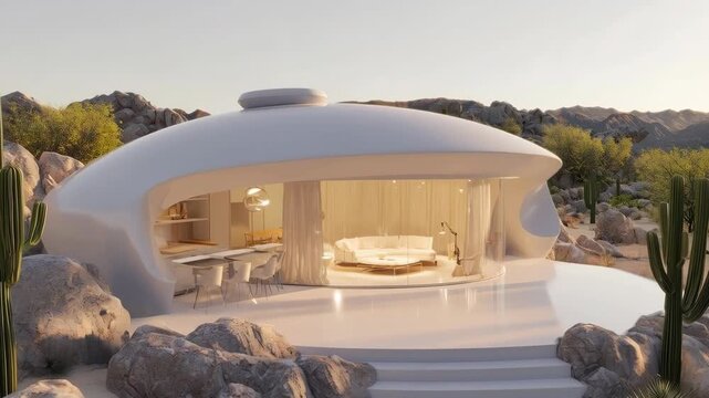 A futuristic, oval-shaped pod-style house set against a backdrop of rugged, rocky cliffs in the desert
