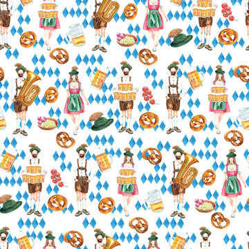 Beer festival seamless pattern with pretzel, euphonium, tomatoes, obadzda, bavarian hut. Bavarian girl in dirndle, bavarian ma n in lederhosen holding several beer steins, Watercolor illustration.