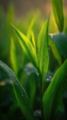 Obraz premium Close up of lush green leaves in sunlight with dew drops for nature and plant themes