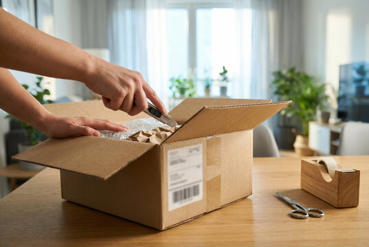 Person opening cardboard box with cutter knife on wooden table in bright living room. Concept of unboxing, delivery, online shopping, and home package opening experience.