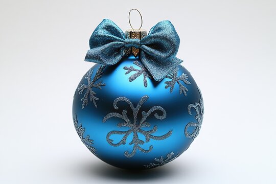 Bright blue Christmas ornament with bow and silver designs ready for holiday decoration