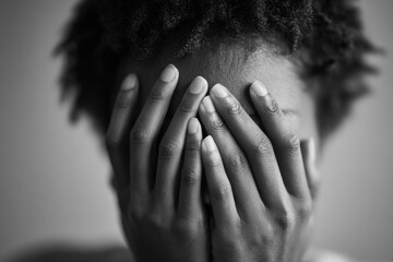 African adult female covering face with hands in black and white portrait
