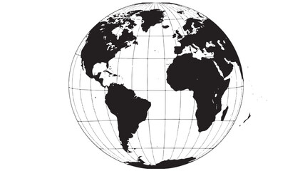 Globe world map silhouette with latitude longitude grid, black and white Earth sphere showing continents, minimal cartography design for travel, geography and education