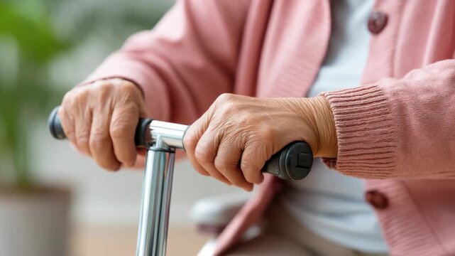 Senior woman using a mobility device in a home setting during a bright afternoon, enjoying independence and movement while staying active