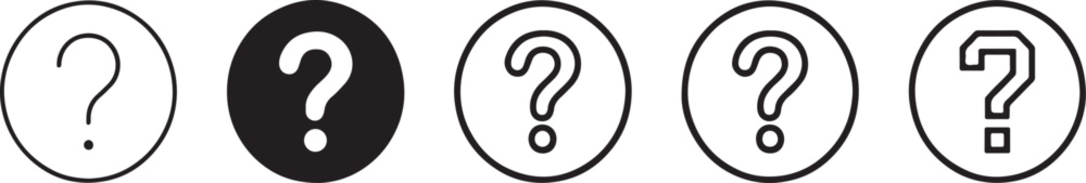 A row of five question mark icons in circles, with one highlighted in solid black, representing a selection or step.