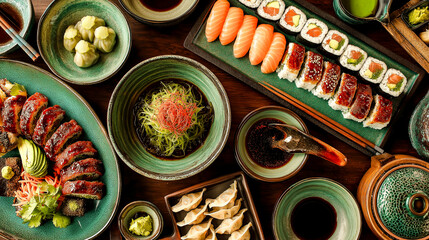 japanese food sushi with chopsticks table with variety of Asian dishes sushi rolls