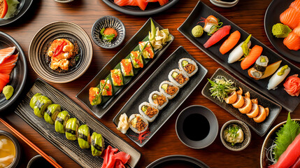 japanese food sushi with chopsticks table with variety of Asian dishes sushi rolls