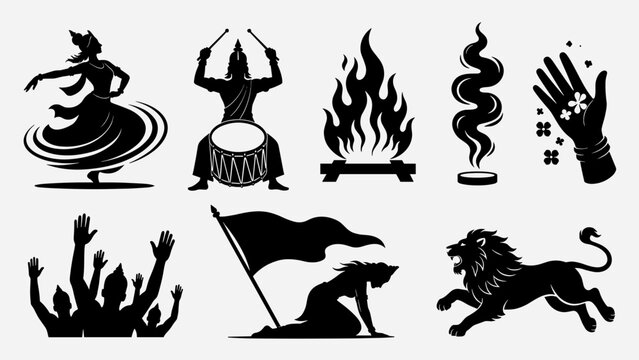 Maha Ashtami vector silhouette set with Durga Puja dhak drummer, dancer, praying crowd, ritual fire, smoke, lion, and offering hands for religious Hindu festival design.