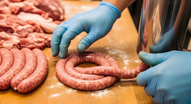 A close-up shot of gloved hands meticulously preparing fresh raw sausages on a wooden surface. A person is using a stuffer to fill casings, forming a coiled sausage