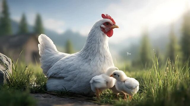 A white hen sits protectively around her chicks on a dirt path amidst lush greenery and trees under a sunny sky.