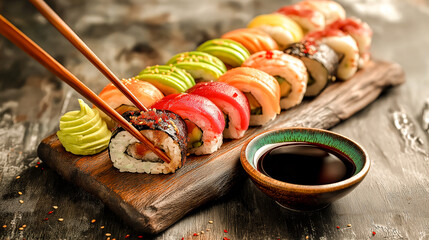 japanese food sushi with chopsticks table with variety of Asian dishes sushi rolls