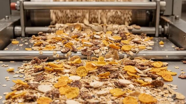 Medium shot of multigrain and glutenfree flakes blending on a production line capturing the mixture of textures and colors as machines gently roll and toast the healthy grain