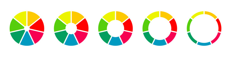 Pies segmented on 7 equal parts. Donut charts. Wheels divided in seven sections. Diagrams infographic multicolored. Pizza chart round icons layout. Circle section graph. Set of loading bar mockups.