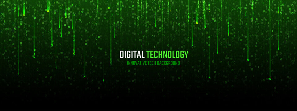 Futuristic binary streams cascade through dark interface with glowing digits, creating cyberpunk aesthetic for software development and electronic data visualization artwork.