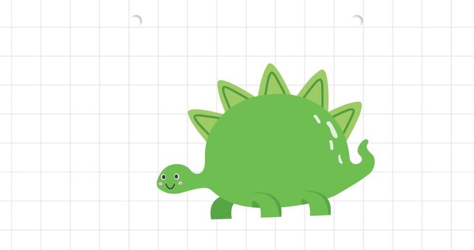 Animation of green dinosaur cartoon over grid pattern against white background