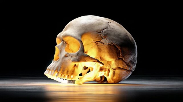 Scientific render of prehistoric skull, gradual rotational motion, realistic aged bone texture, dramatic lighting accents, black studio environment