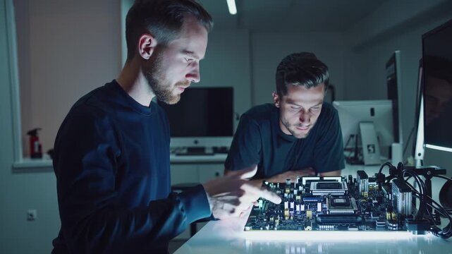Engineer and technician examine microchip structure. Scientist shares innovation idea. Laboratory teamwork tests technology progress. Man leads research using microchip technology and smart tools