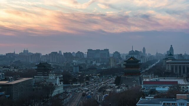 China Beijing Zhengyangmen and Qianmen Gate Tower dusk day-to-night traffic time-lapse footage