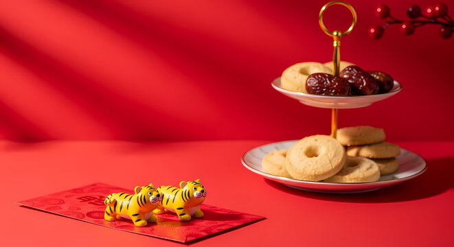 鮮やかな赤色の背景に飾られたお菓子と虎の置物が可愛らしい新年を祝う