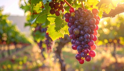 Fototapeta premium Fresh red grapes growing on vine in vineyard, juicy ripe fruit with natural light, organic harvest and healthy food concept