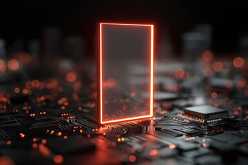 Futuristic tablet on glowing circuit board background, blank screen