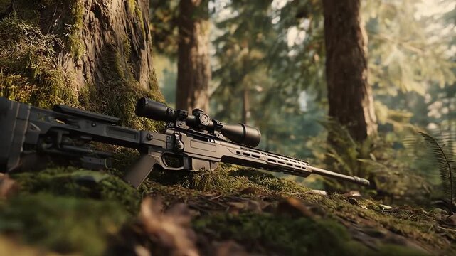sniper rifle in forest undergrowth with scope