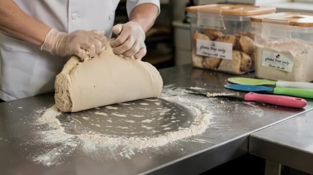 Medium shot showcasing small batch glutenfree bread production with focused hands handling dough in a dedicated sanitized zone ensuring allergen safety.