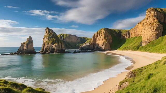 beach coast cliffs sea stacks by turquoise water seascape