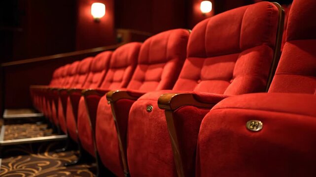 Empty red velvet theater auditorium seats arranged in a row with dim lighting. Concept of arts, entertainment interior, performance.