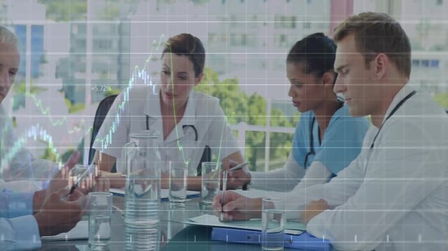 medical team analyzing patient data in bright conference room, with floating chart curves