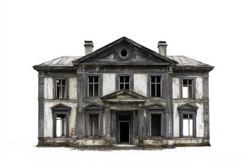 Obraz premium Old abandoned house with peeling paint and broken windows in a rural area during the daytime