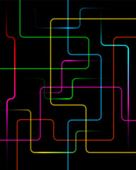 Futuristic neon circuit board background with glowing interconnected lines and digital data network flow in a dark cyberspace landscape