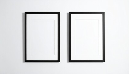 Two vertically oriented rectangular picture frames with black borders mounted side by side on a white wall, each containing a blank white sheet with subtle inner border, creating a minimalist and symm