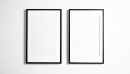 Two vertically oriented rectangular picture frames with black borders mounted side by side on a white wall, each containing a blank white sheet with subtle inner border, creating a minimalist and symm
