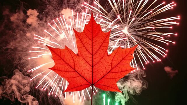 Canadian Maple Leaf Red Autumn Foliage Against Night Sky Fireworks Celebration Symbol Patriotism 4K Ai HD high quality video.