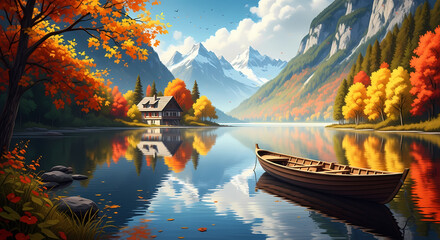 鮮やかな紅葉が水面に映る、静かで美しい湖畔の風景写真。息をのむ絶景！