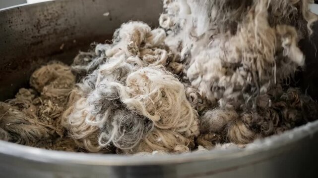Closeup medium shot of natural uncolored recycled fibers being combined in mixers emphasizing sustainable production and raw material authenticity.