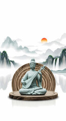 静かに琵琶を奏でる仏像、幻想的な風景に心が安らぐ美しい瞬間。