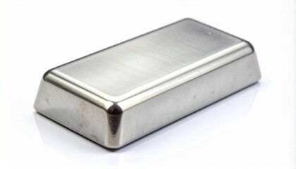 Metallic silver bar in rectangular prism shape with smooth reflective surface, slight texture and imperfections, suggesting cast metal, set against a clean neutral background.