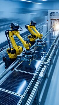Advanced Robotic Arms in Action on a High-Speed Production Line for Solar Panel Assembly, Showcasing Efficient Automation Technology in a Modern Industrial Environment