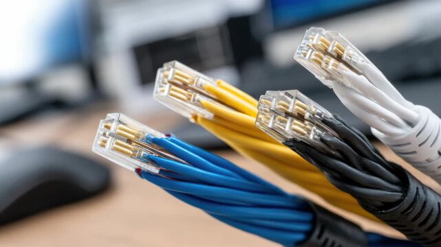Different colored network cables are shown on a desk with a computer and a mouse in the background