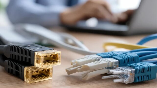 Network cables are connected to a laptop on a desk in a modern office environment during working hours